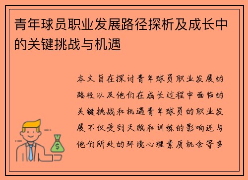 青年球员职业发展路径探析及成长中的关键挑战与机遇
