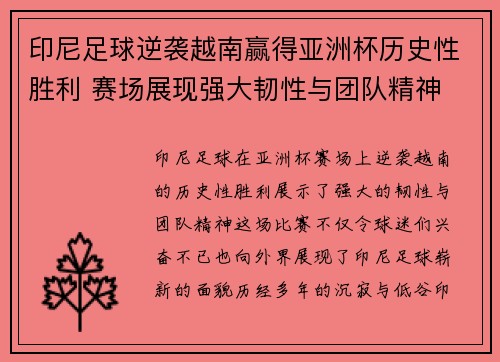 印尼足球逆袭越南赢得亚洲杯历史性胜利 赛场展现强大韧性与团队精神