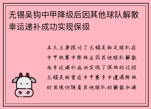无锡吴钩中甲降级后因其他球队解散幸运递补成功实现保级